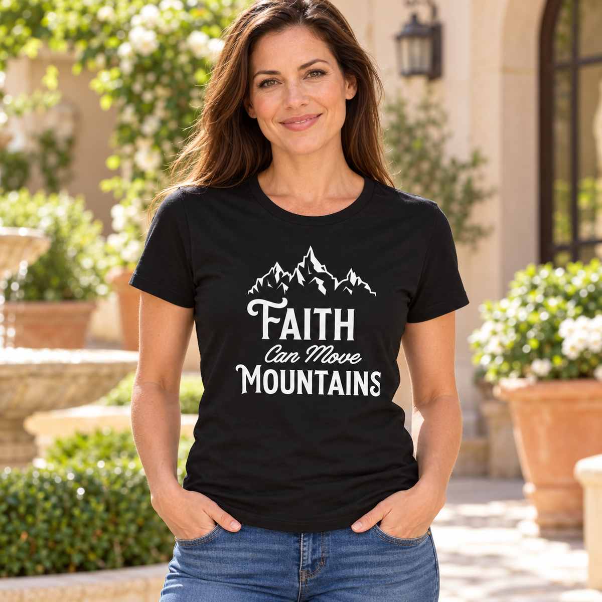 Faith Can Move Mountains Women's Tee — white woman wearing the tee