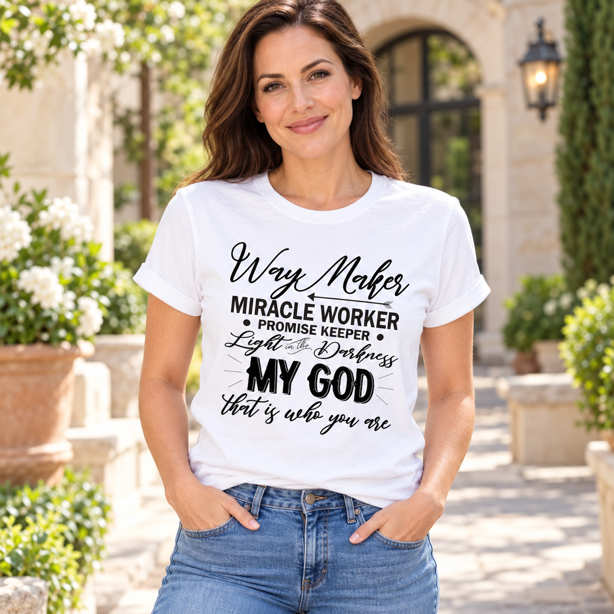 Way Maker Miracle Worker Tee — white woman wearing the tee