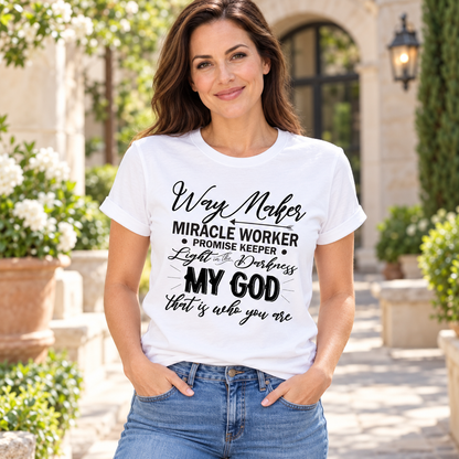 Way Maker Miracle Worker Tee — white woman wearing the tee