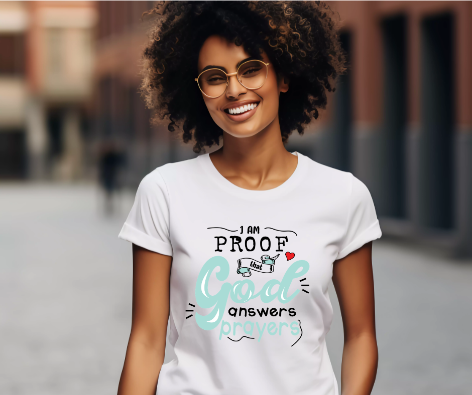 God Answers Prayers Tee — Black woman wearing the tee
