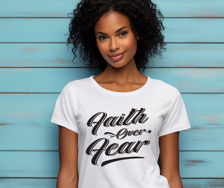 Faith Over Fear Tee — Black woman wearing the tee
