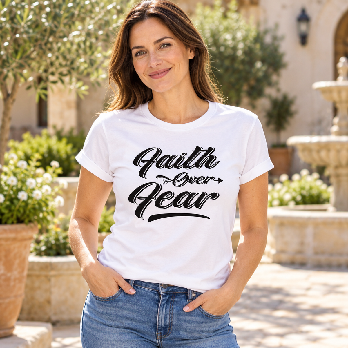 Faith Over Fear Tee — white woman wearing the tee