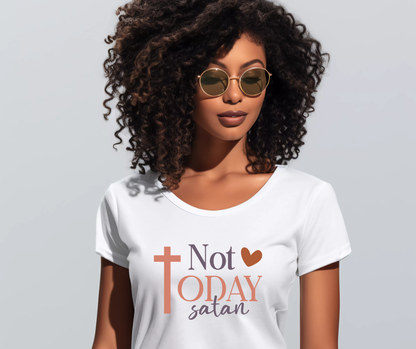 Not Today, Satan Faith Statement Tee — Black woman wearing the tee