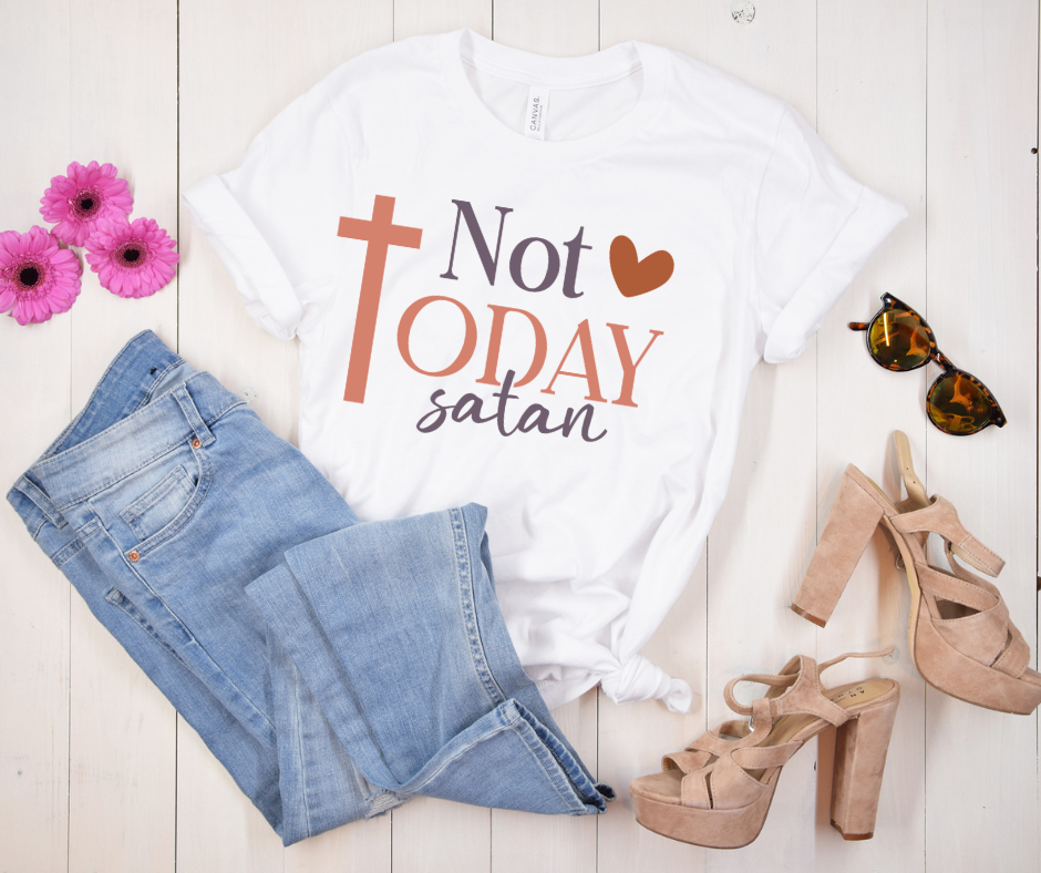 Not Today, Satan Faith Statement Tee — styled flat lay showing the front design
