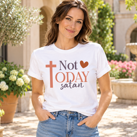Not Today, Satan Faith Statement Tee — white woman wearing the tee